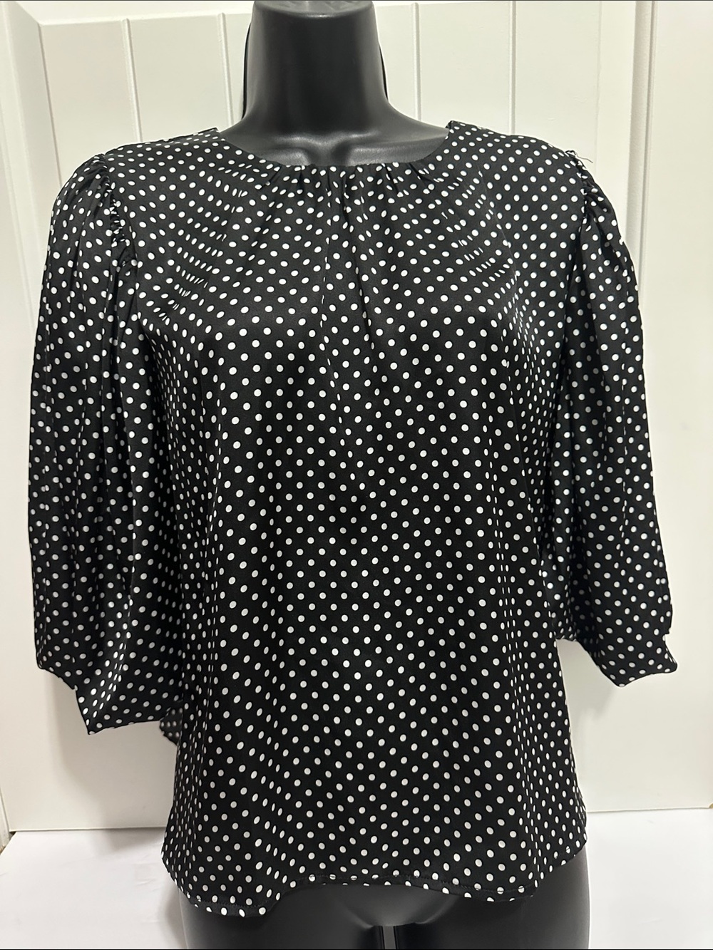 DR2 Minori Black Polka Dot Puff-Sleeve Blouse medium NWT